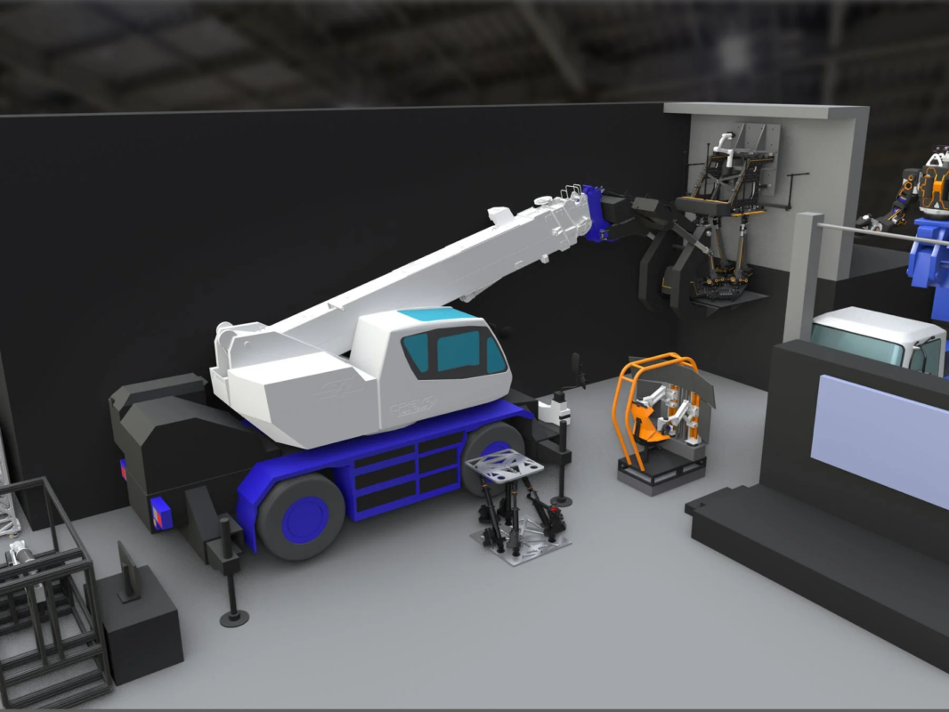 クレーン車とロボットアームが配置された工場の3Dモデル