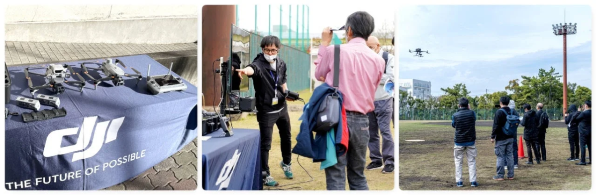 DJIドローンが展示され、製品説明やデモンストレーションが行われている屋外イベントの様子