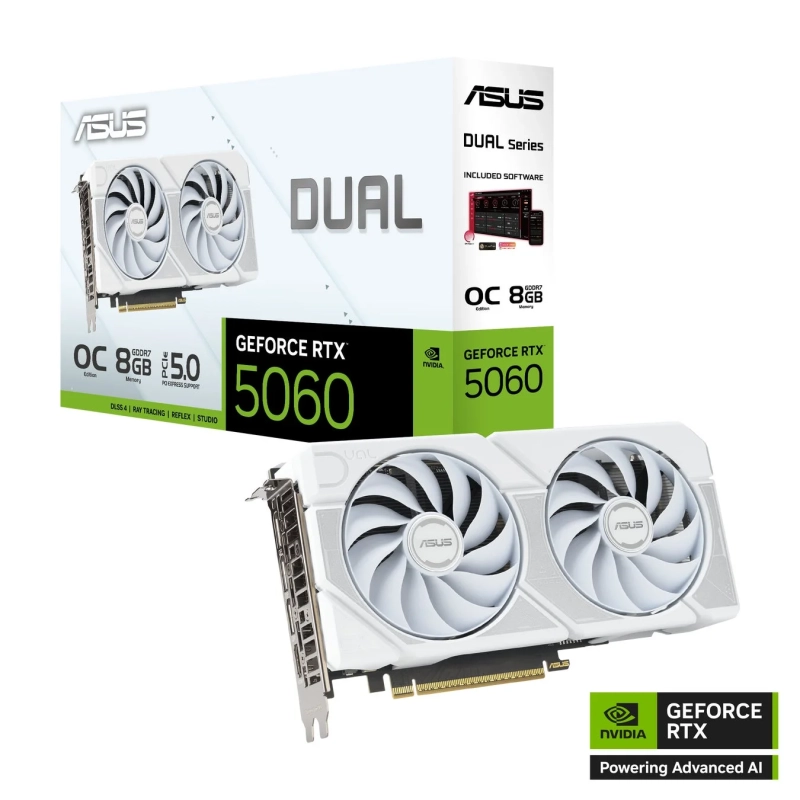 ASUS Dual GeForce RTX™ 5060 8GB GDDR7 White OC Editionのパッケージと製品