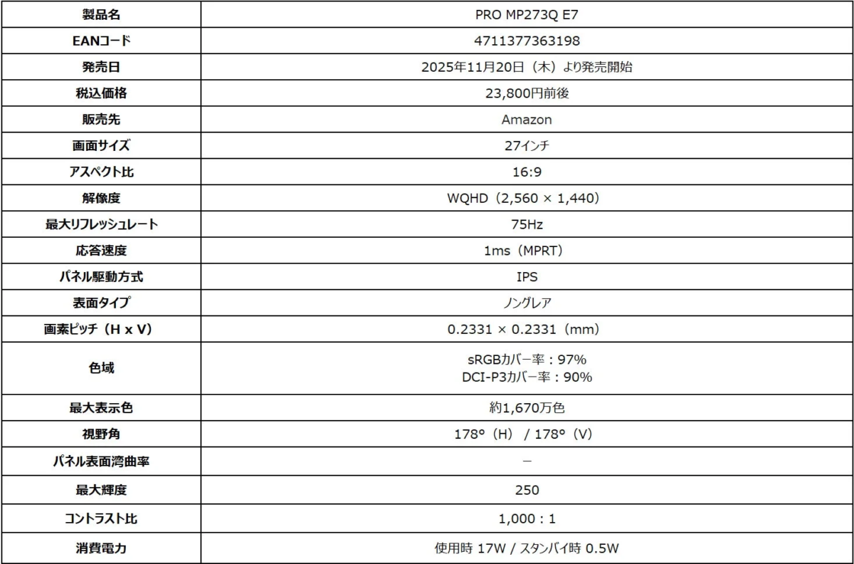 PRO MP273Q E7製品仕様1