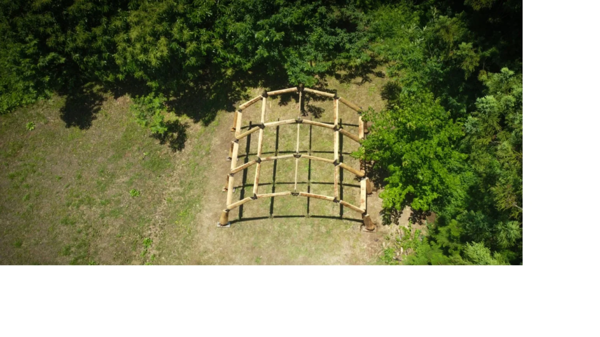 緑豊かな森に囲まれた木造の骨組み