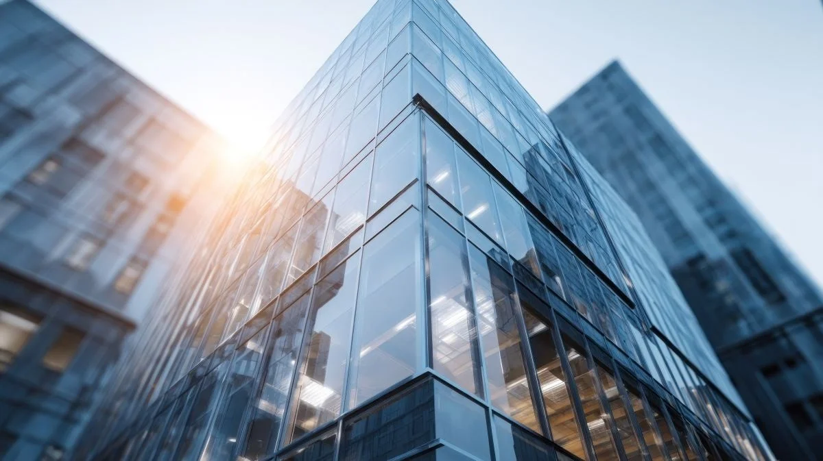 ガラス張りの現代的な高層ビルが、明るい太陽の光を浴びて輝いています