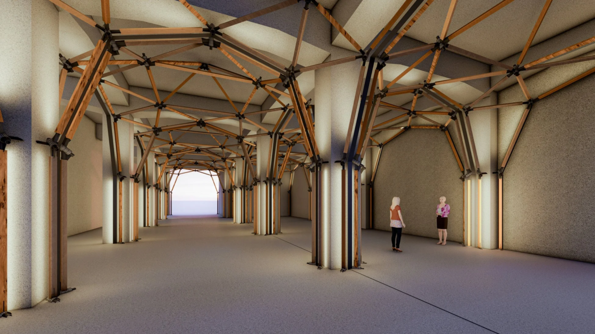 木製の複雑なトラス構造を持つモダンな屋内空間のレンダリング