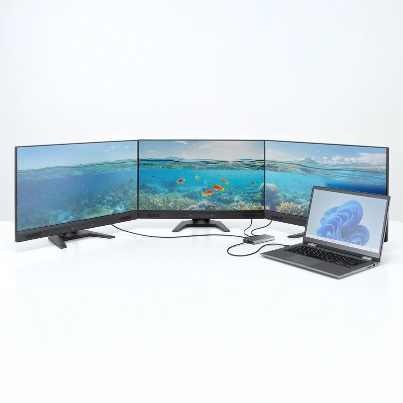 ノートパソコンから3台の外部モニターへ出力している様子