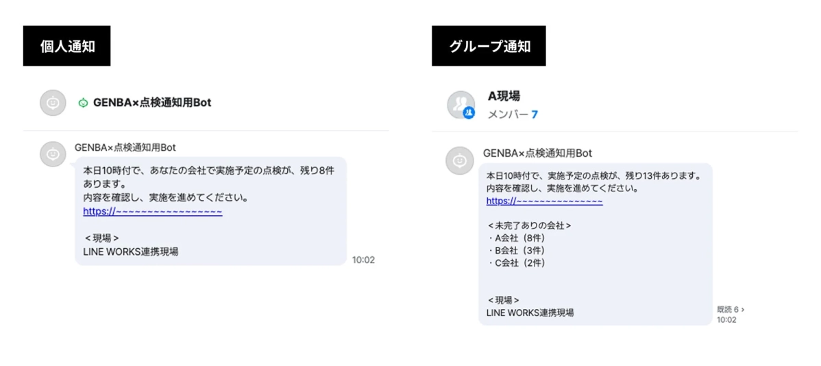 個人通知とグループ通知の画面例