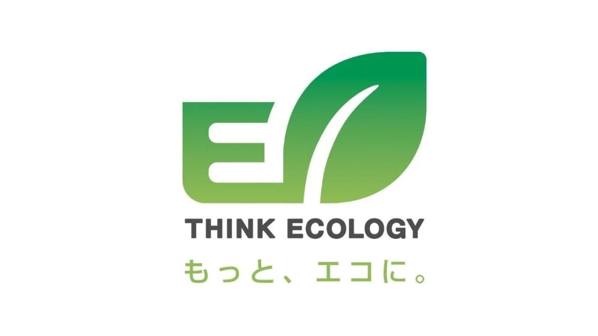 「E」と葉を組み合わせた緑色のロゴマークと、「THINK ECOLOGY」「もっと、エコに。」というメッセージ