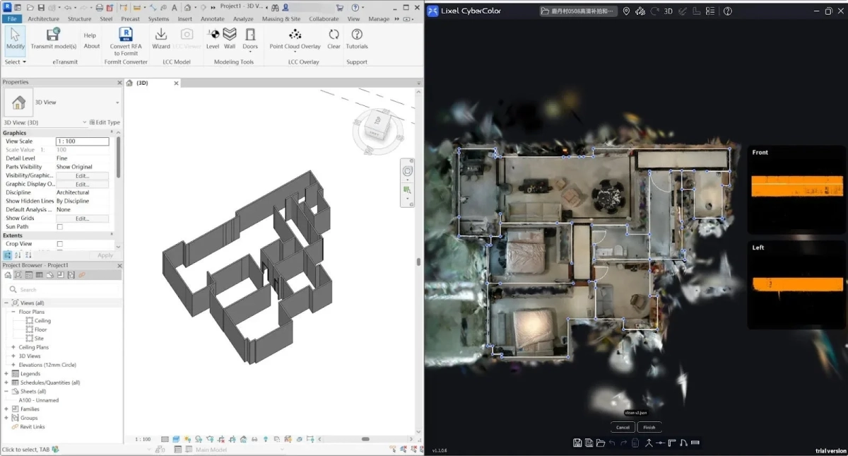 BIMソフトウェアで建物の3Dモデル（壁）を表示し、Lixel CyberColorが点群データと間取り図を重ねて実際の室内空間を詳細に示している画面