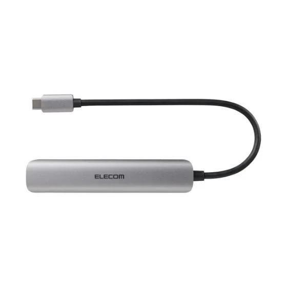 シルバーの筐体を持つUSBハブで、USB-Cコネクタを備えている
