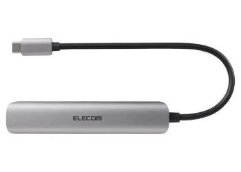 シルバーの本体に黒いケーブルとType-Cコネクタが一体となったUSB Type-Cハブ