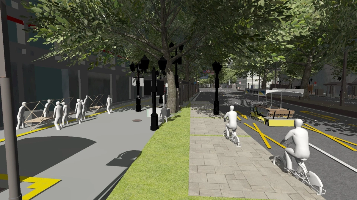 3Dレンダリングされた都市の通りを行き交う人々