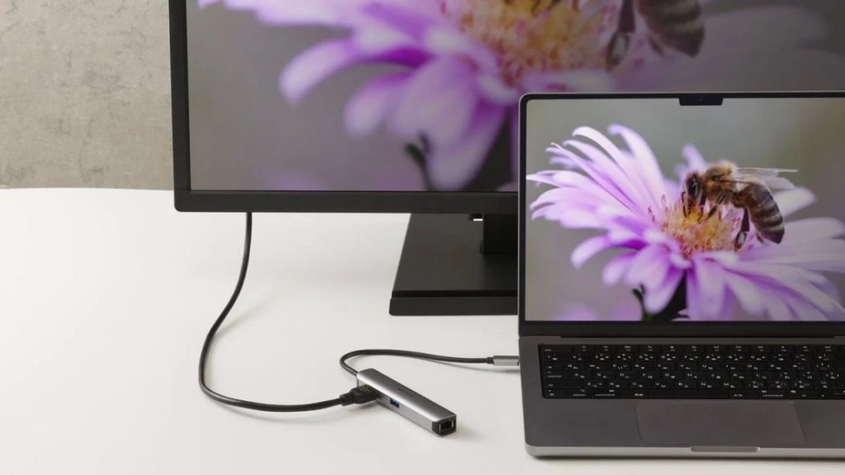 ラップトップがUSBハブを介して外部モニターに接続されており、両方の画面に画像が表示されている