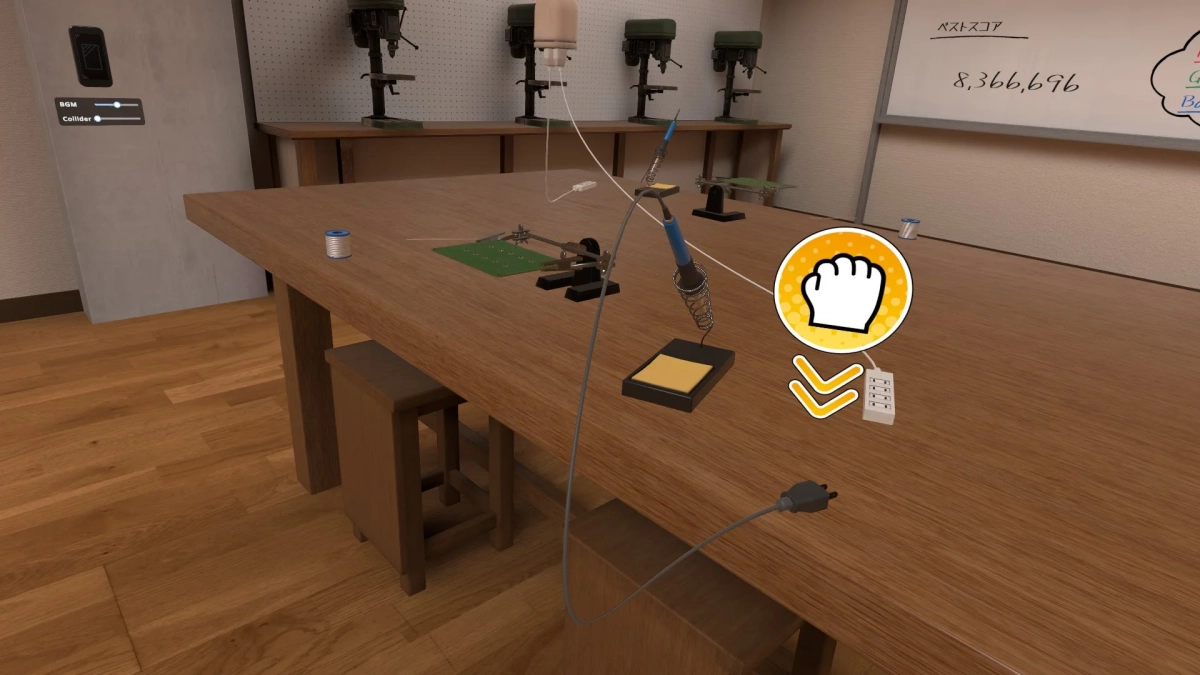 電子工作の作業台が写るVRゲームまたはシミュレーションの画面