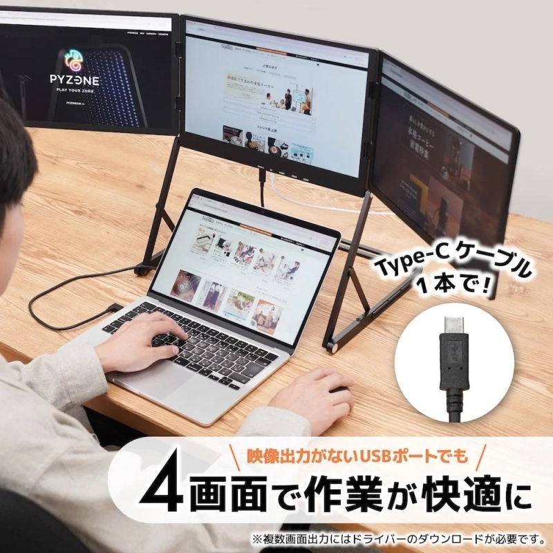 ノートPCにType-Cケーブル1本で3つの外部モニターを接続し、合計4画面で作業する様子。映像出力がないUSBポートでも利用可能で、作業効率を向上させるデバイスを紹介しています。