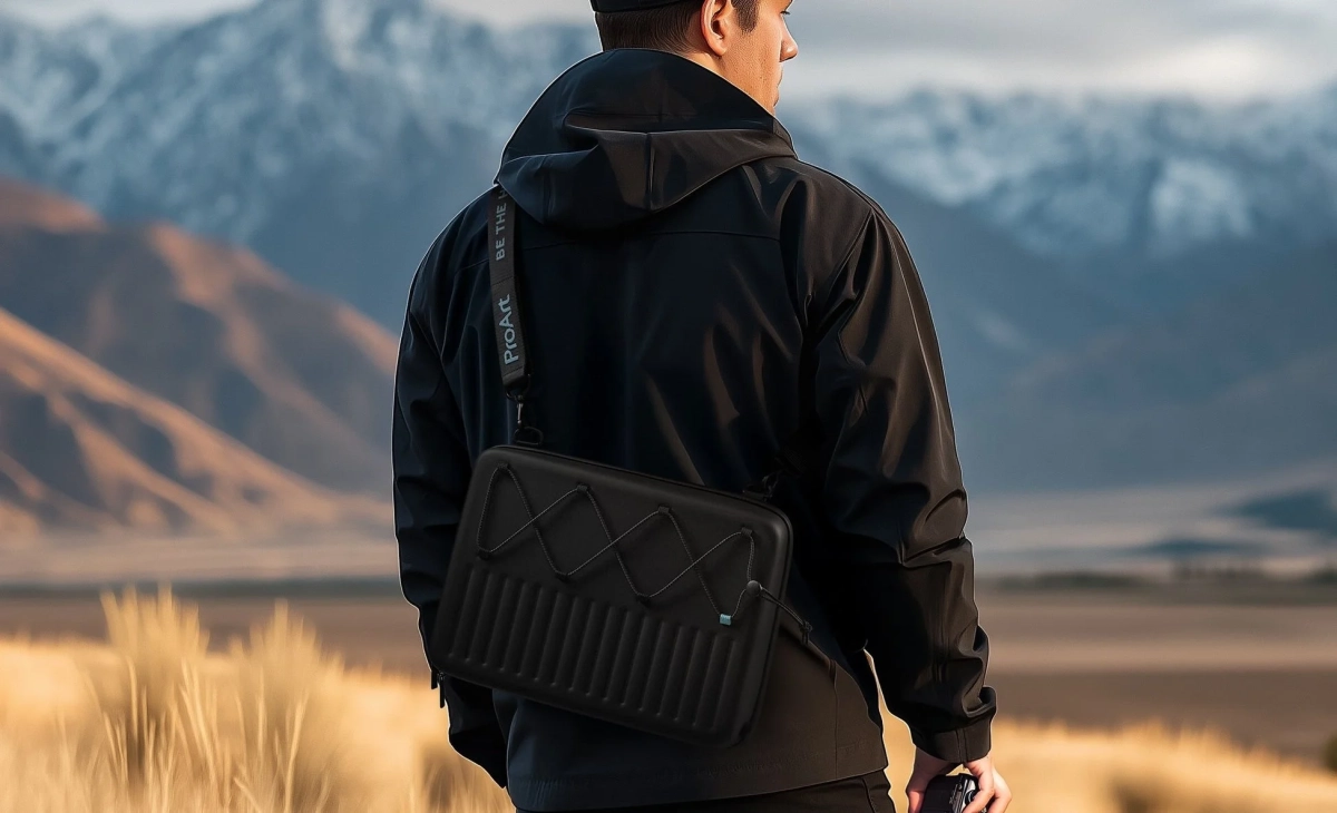 専用スリーブを肩にかける男性の後ろ姿