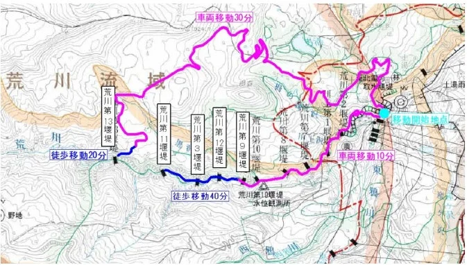 荒川流域の地形図で、複数の堰堤や移動経路、所要時間などが詳細に示されています。