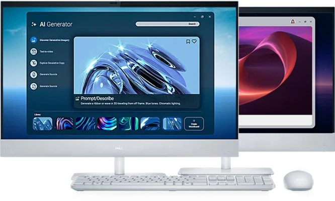 Dell製のオールインワンPCが手前にあり、AI Generatorアプリが起動している