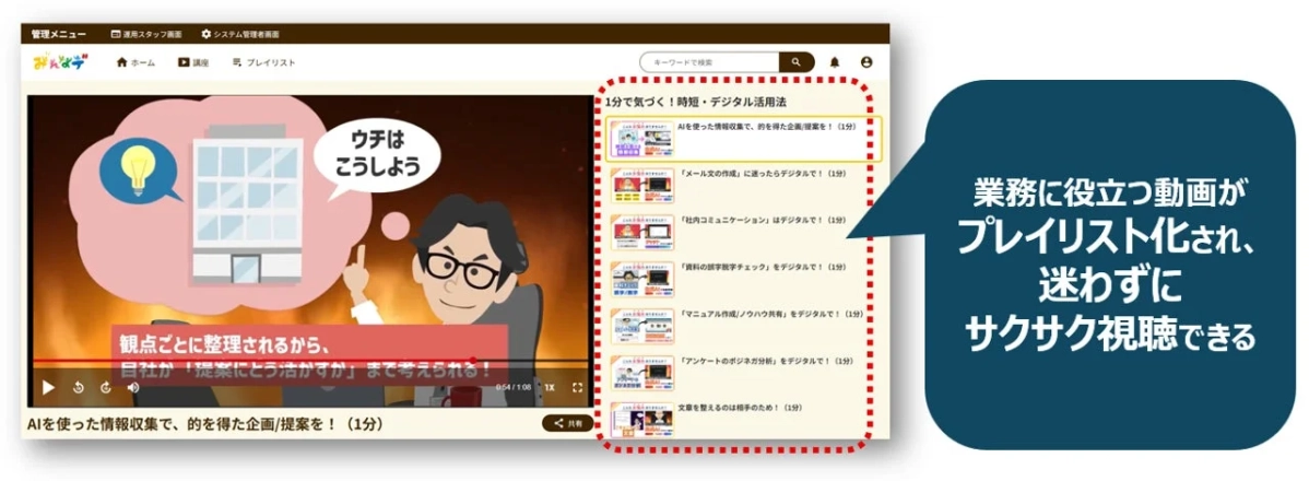 利用者向け機能の動画プレイリスト画面