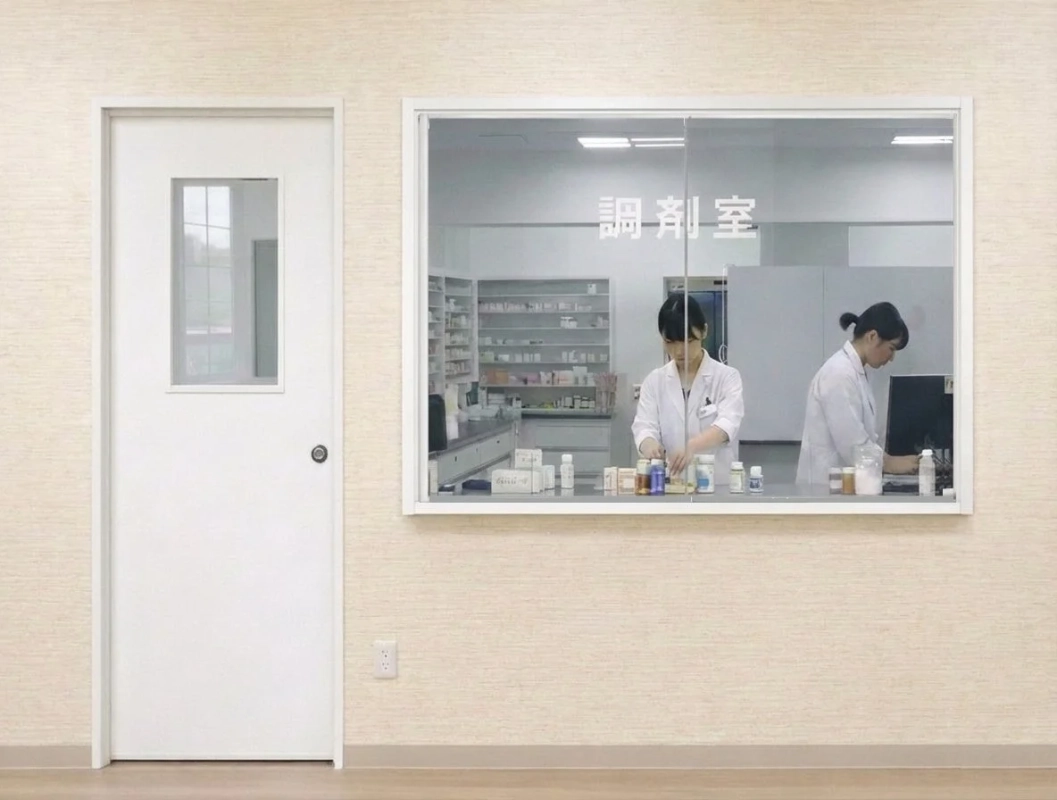 調剤室の引き戸窓