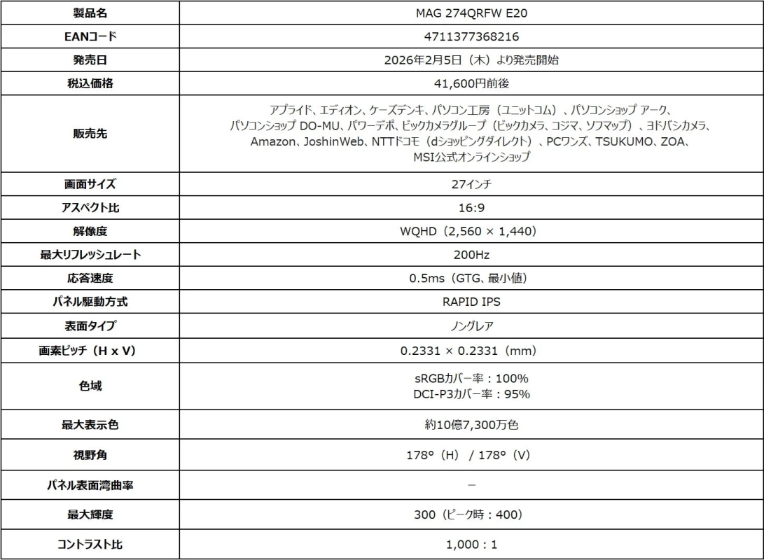 MAG 274QRFW E20のスペック表