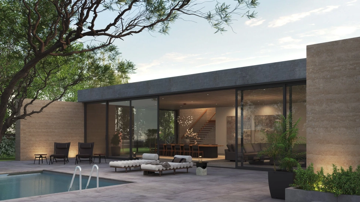 モダンなデザインの住宅とプール