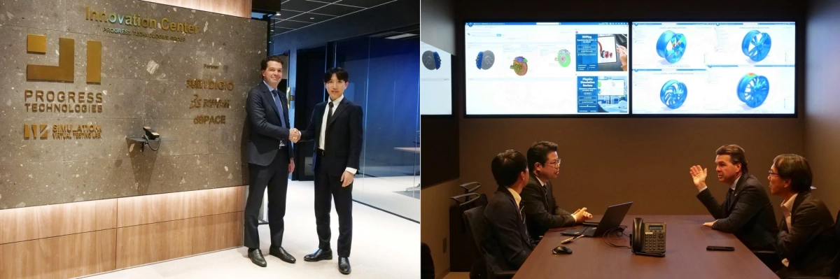 イノベーションセンターでビジネスパートナーが握手し、会議室で技術的な3Dシミュレーション画面を囲んで議論する様子