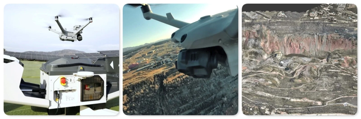 ドローンが自動ドローンポートから離陸し、空撮・測量している様子