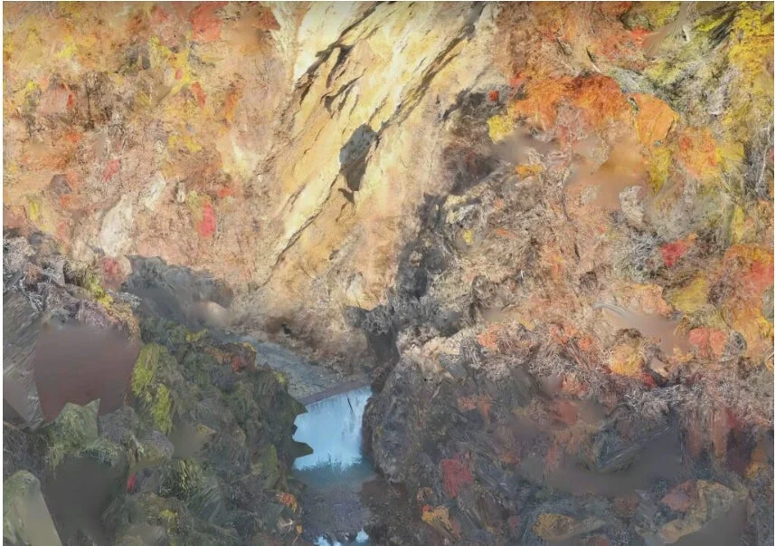 複雑な岩肌と多様な色彩が特徴的な渓谷の風景。