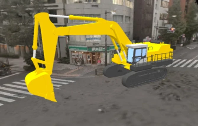 建設機械の3Dモデルと街の風景
