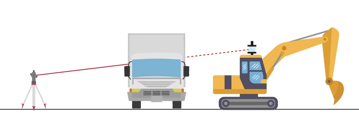 測量機器がトラックとショベルカーに向けてレーザーを照射しているイラスト