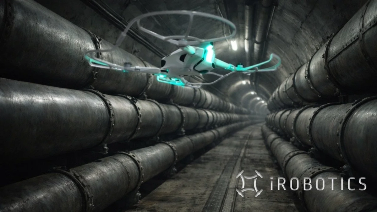 多数のパイプが並ぶトンネルを飛ぶドローン