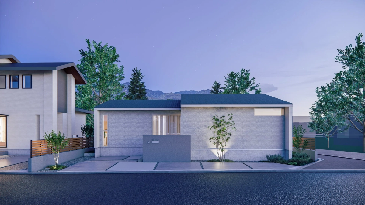 夜のモダンな平屋住宅