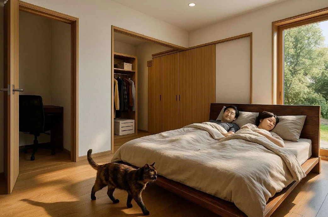 穏やかな寝室で夫婦と猫が過ごす様子