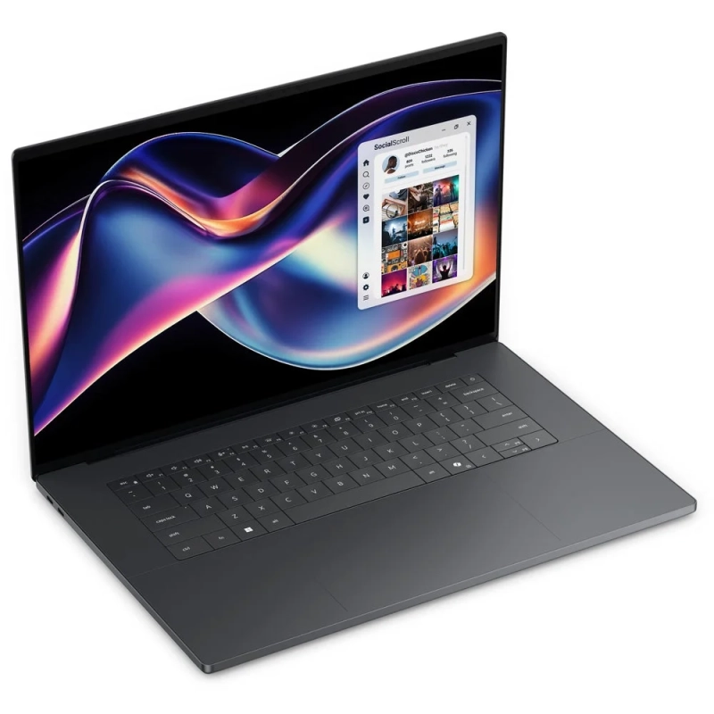 モダンなダークグレーのノートパソコンが白い背景に置かれ、画面には抽象的なカラフルな壁紙と「SocialScroll」というソーシャルメディアアプリが表示されています