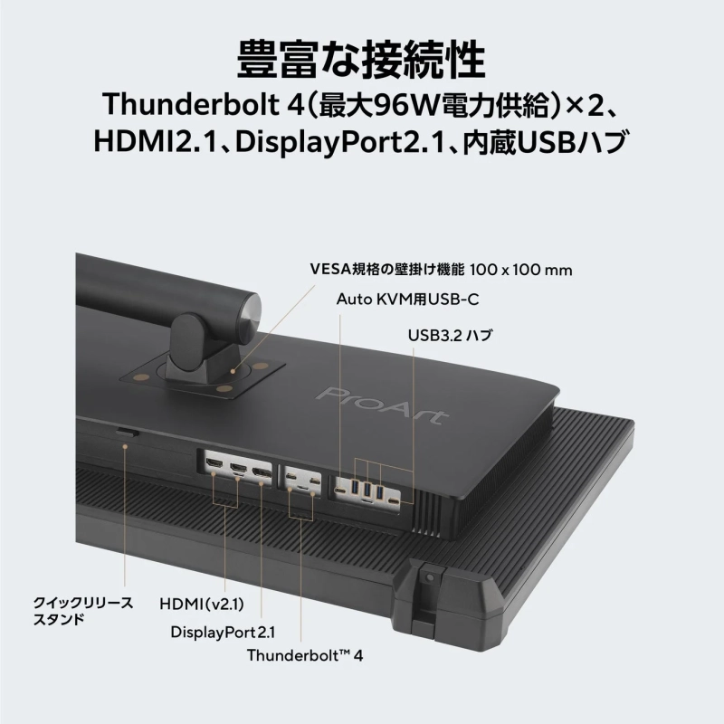 ProArtモニターの背面にある豊富な接続ポートを紹介する画像です。
