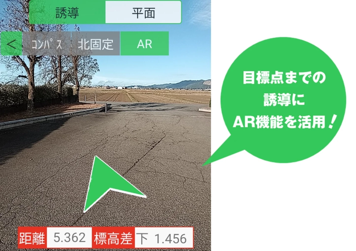 AR機能を使った目標点までの誘導アプリの画面です。現実の風景に方向を示す矢印や、距離、標高差などの情報が重ねて表示されており、現場での活用を促しています。