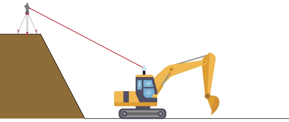 測量機器がショベルカーのセンサーにレーザーを当てているイラスト