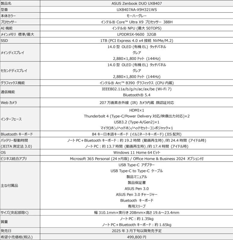 ASUS Zenbook DUO UX8407AAの製品仕様表
