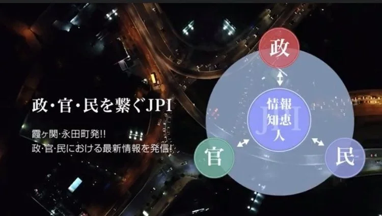 夜の都市高速を背景に、政・官・民をつなぐJPIの役割を示す図。霞ヶ関・永田町から発信される最新情報を通じて、情報・知恵・人を連携させるプラットフォームであることを表現しています。