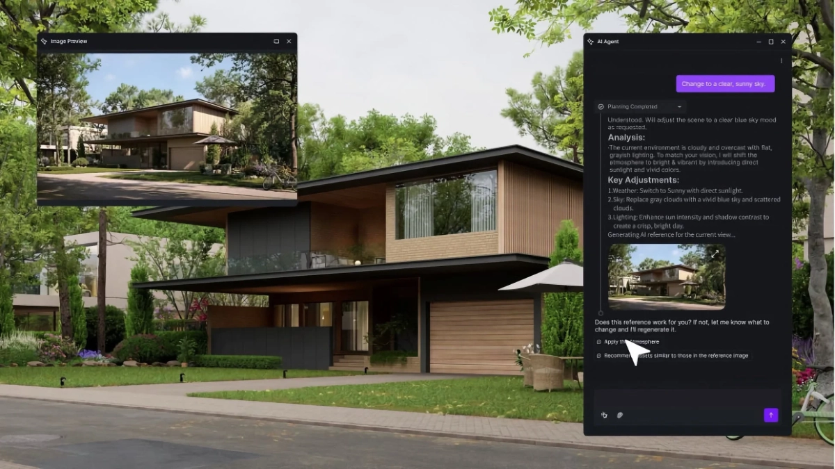 現代的な住宅が写っており、AIアシスタントが画像の天候を曇りから晴れた青空に変更する編集計画を提示している様子。画像プレビューも表示されている。