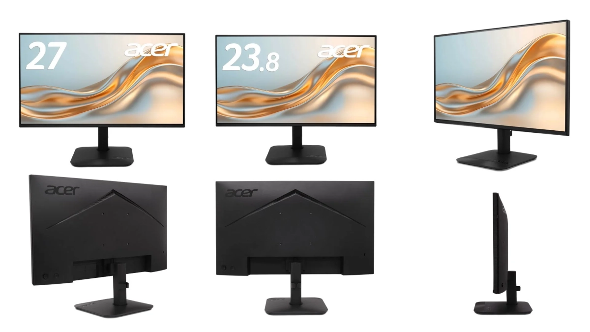Acer製モニターの27インチと23.8インチモデルを様々な角度から撮影した製品写真です。正面、背面、側面からのビューが含まれています。