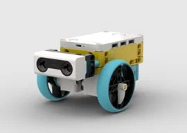 白と黄色のブロック型の本体に、水色の大きな二つの車輪が付いた小型ロボット