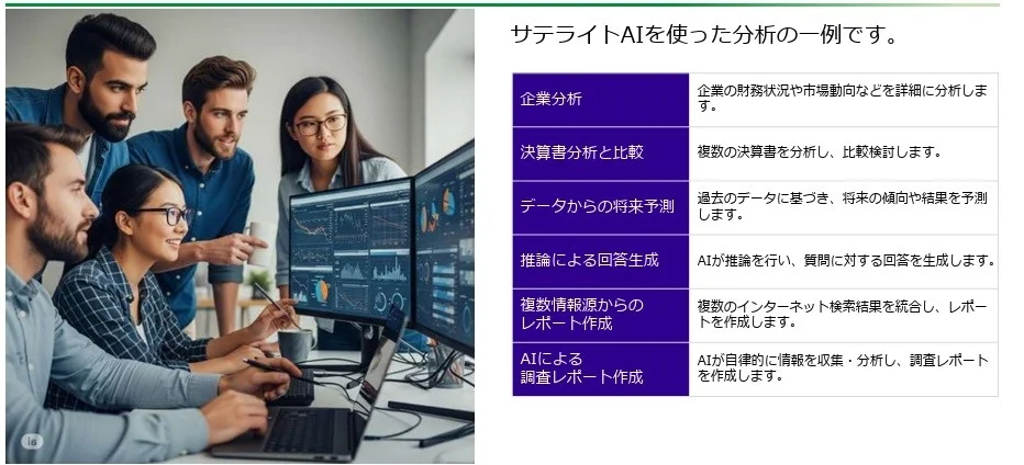 複数のビジネスパーソンがモニターを見ながら協力して作業しており、サテライトAIを活用した企業分析、決算書分析、将来予測、推論による回答生成、レポート作成といった具体的な分析例が示されています。