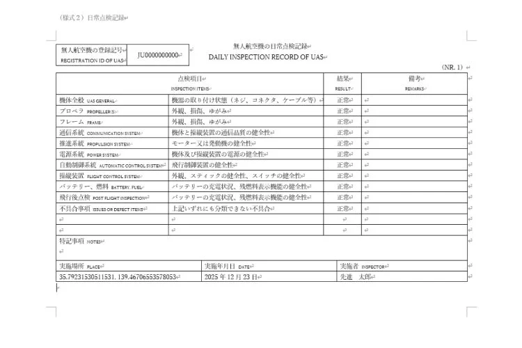 この文書は、無人航空機（UAS）の日常点検記録です。機体、プロペラ、通信、推進、電源など主要項目が「正常」とされており、2025年12月23日に先進太郎が点検実施。飛行前の安全確認とメンテナンス状況が記載されています。