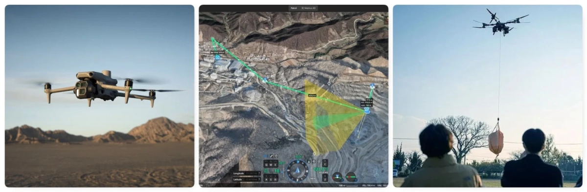 Mavic 3ドローンが飛行する様子、ドローンの飛行計画と地図表示