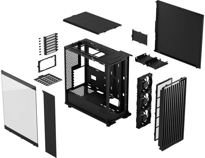 分解された黒いPCケースの部品