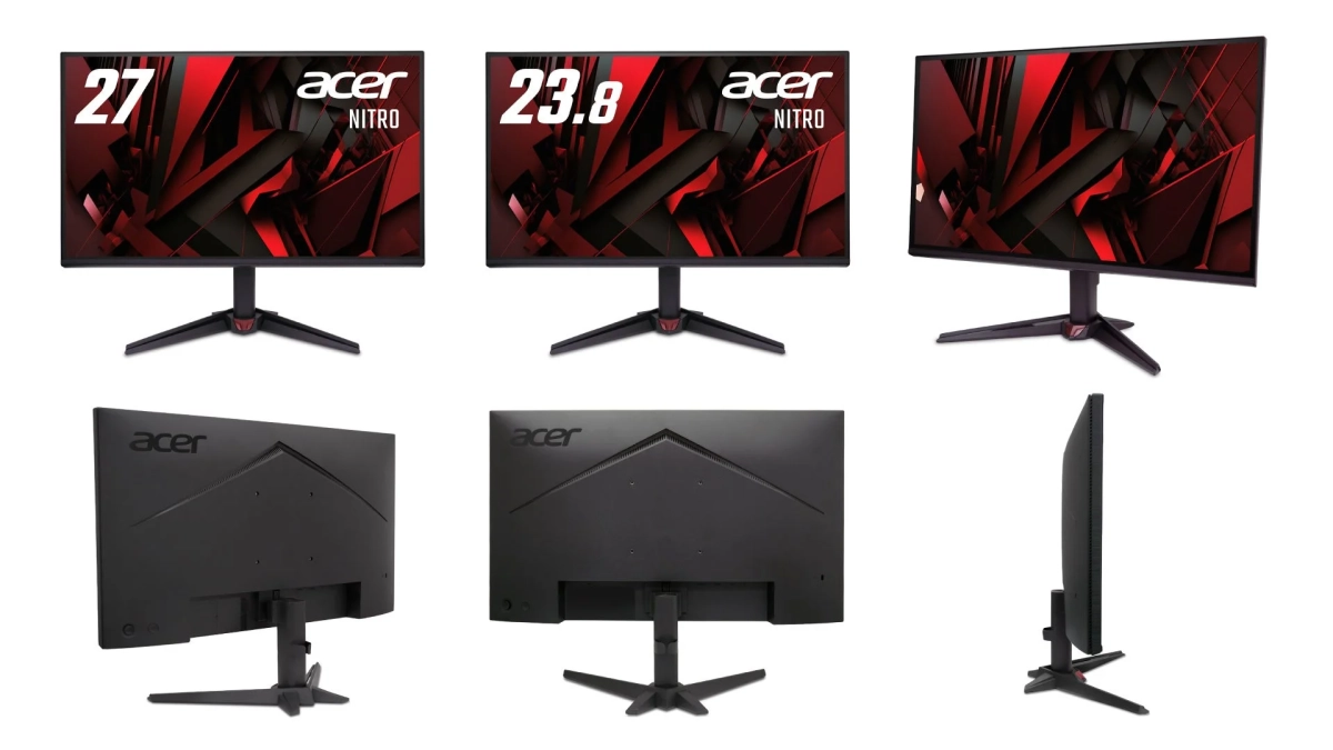 Acer Nitroゲーミングモニターの複数アングルからの画像です。27インチと23.8インチの2種類のサイズが紹介されており、特徴的なスタンドを持つ黒い本体が確認できます。
