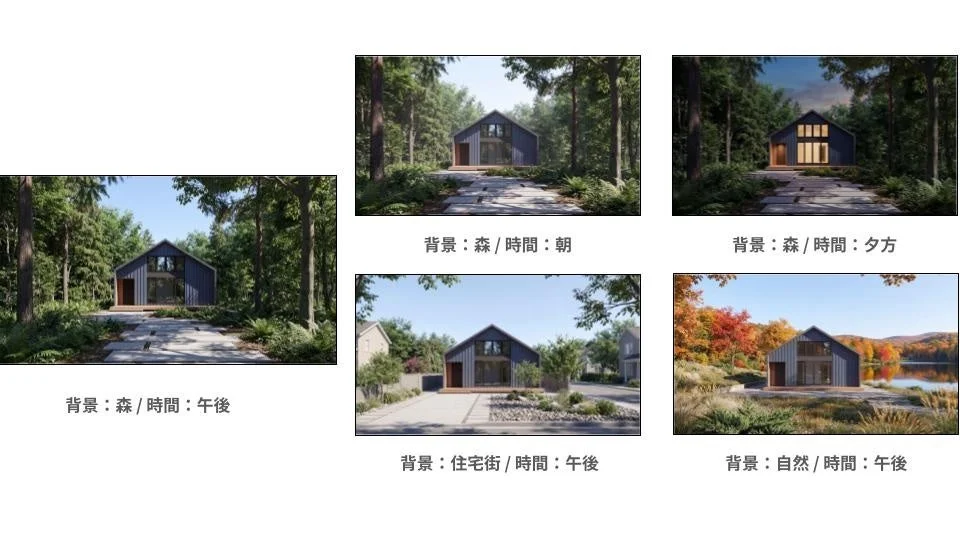 異なる背景と時間帯のCG例