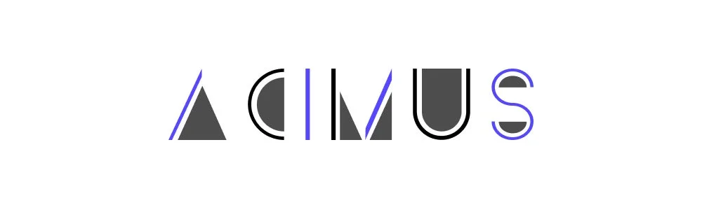 ACIMUSのロゴマーク。文字の一部がダークグレーで塗りつぶされ、一部が青や黒の線で構成されている。