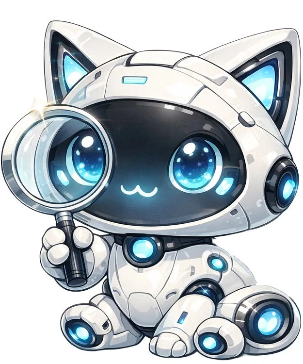 拡大鏡を覗く可愛らしいロボット猫のイラスト