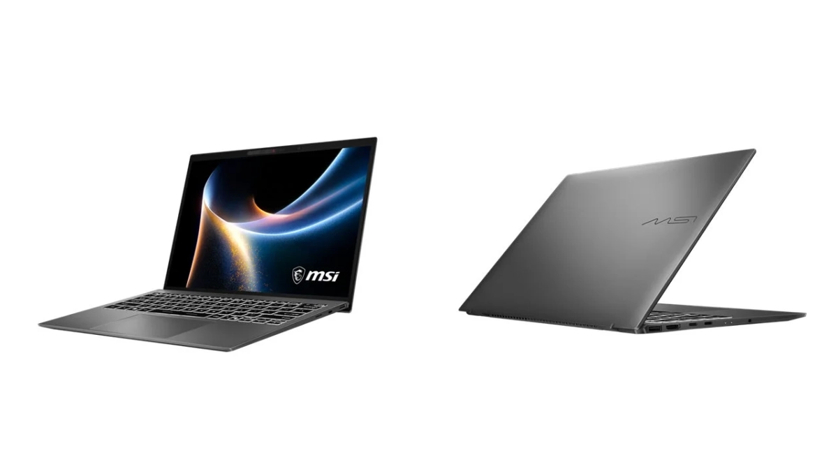 MSI製のノートパソコンが、開いた状態と裏蓋を見せた状態の2つのアングルで写っている